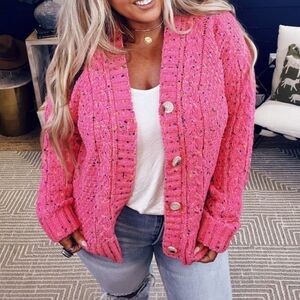 NWT - JODIFL Cardigan Barbie Pink Popcorn Cable Knit Sweater Button Up Cozy Chic